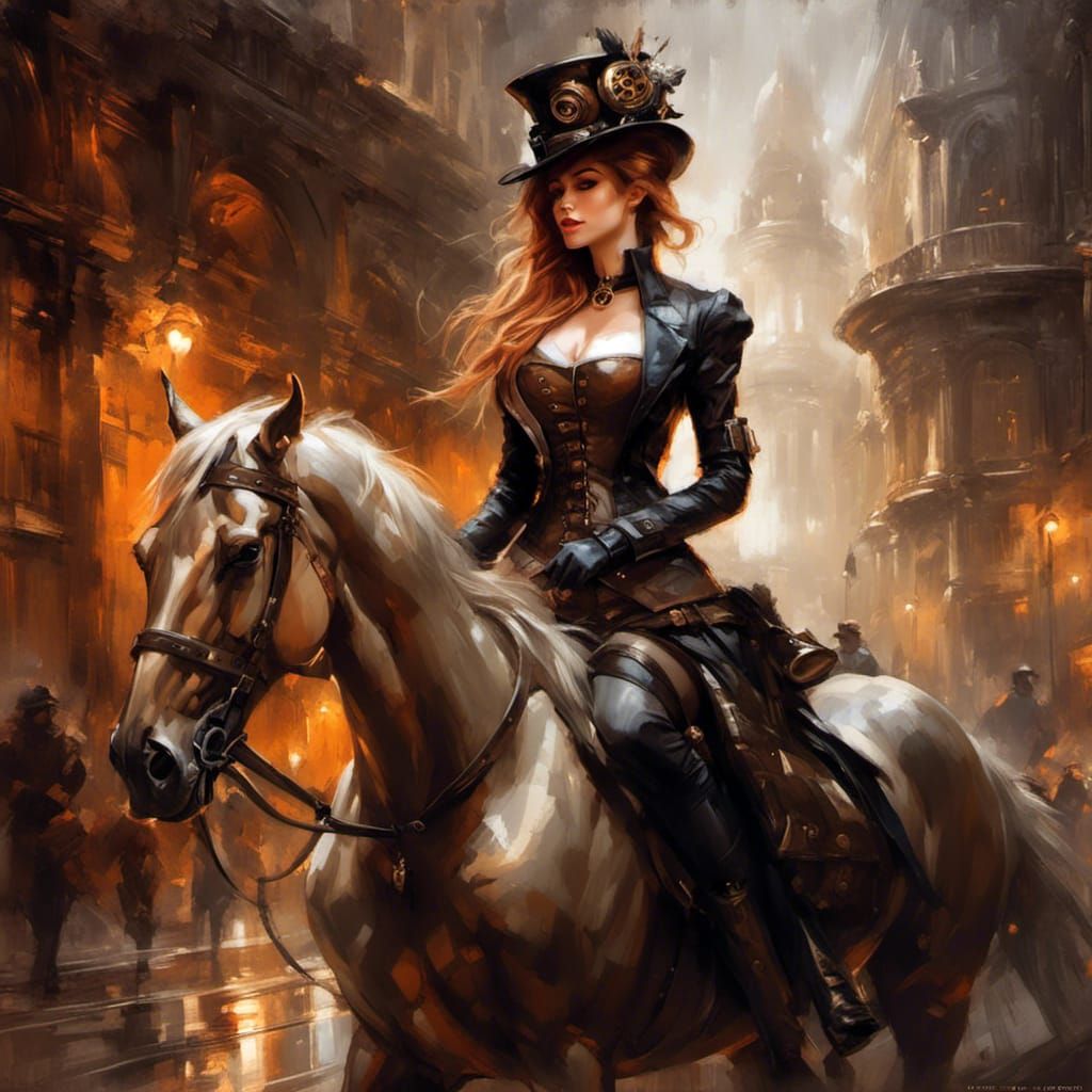 Steampunk Woman and Horse in Oil Painting Style