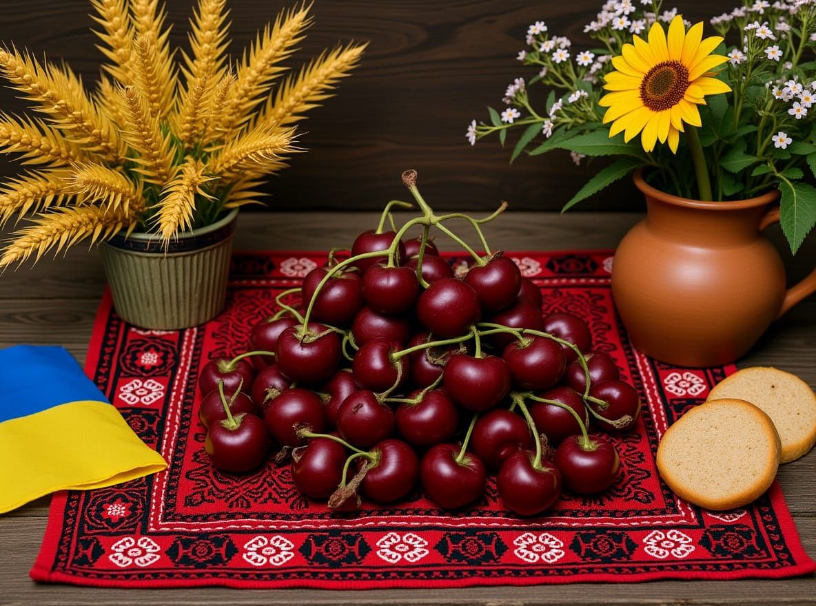 Chernushka Cherries in Hyperrealistic Ukrainian Still Life