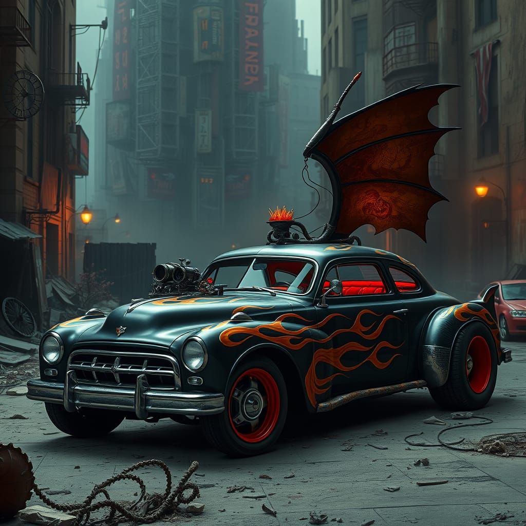Funny car mystical. the new model dodge ,рат род,Hoonigan custom,mistic flame,horror,demonic, the abandoned city. botani...
