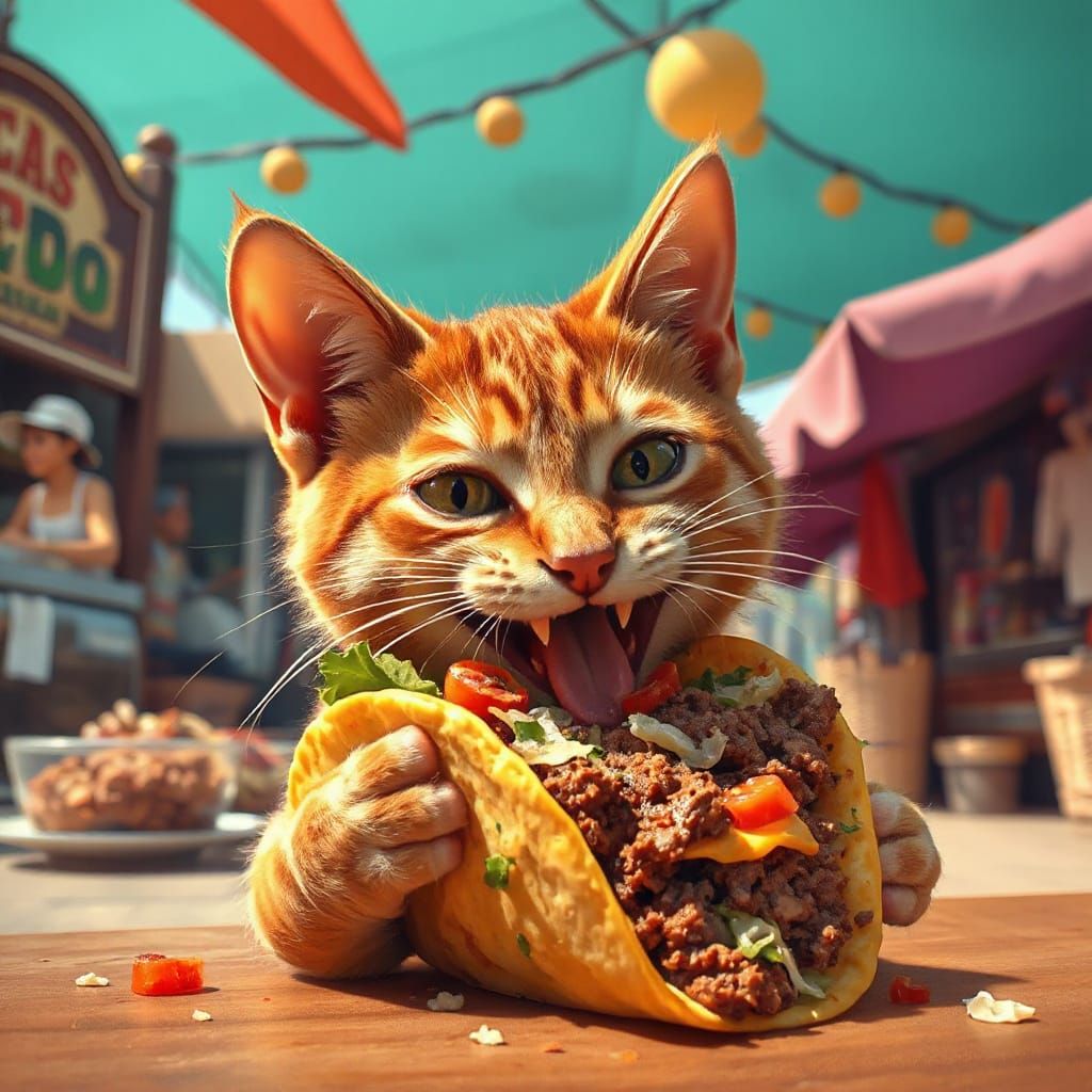 Vibrant Mexican Cat Devours Taco in Bold Digital Art