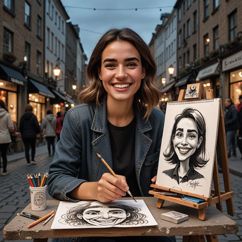 Street Artist Sketches Woman's Playful Caricature