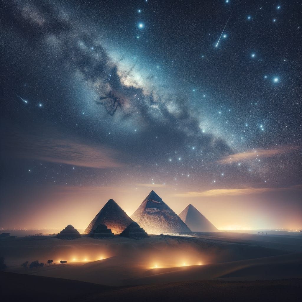 Pyramids of Giza at Night, Under Starry Egyptian Sky
