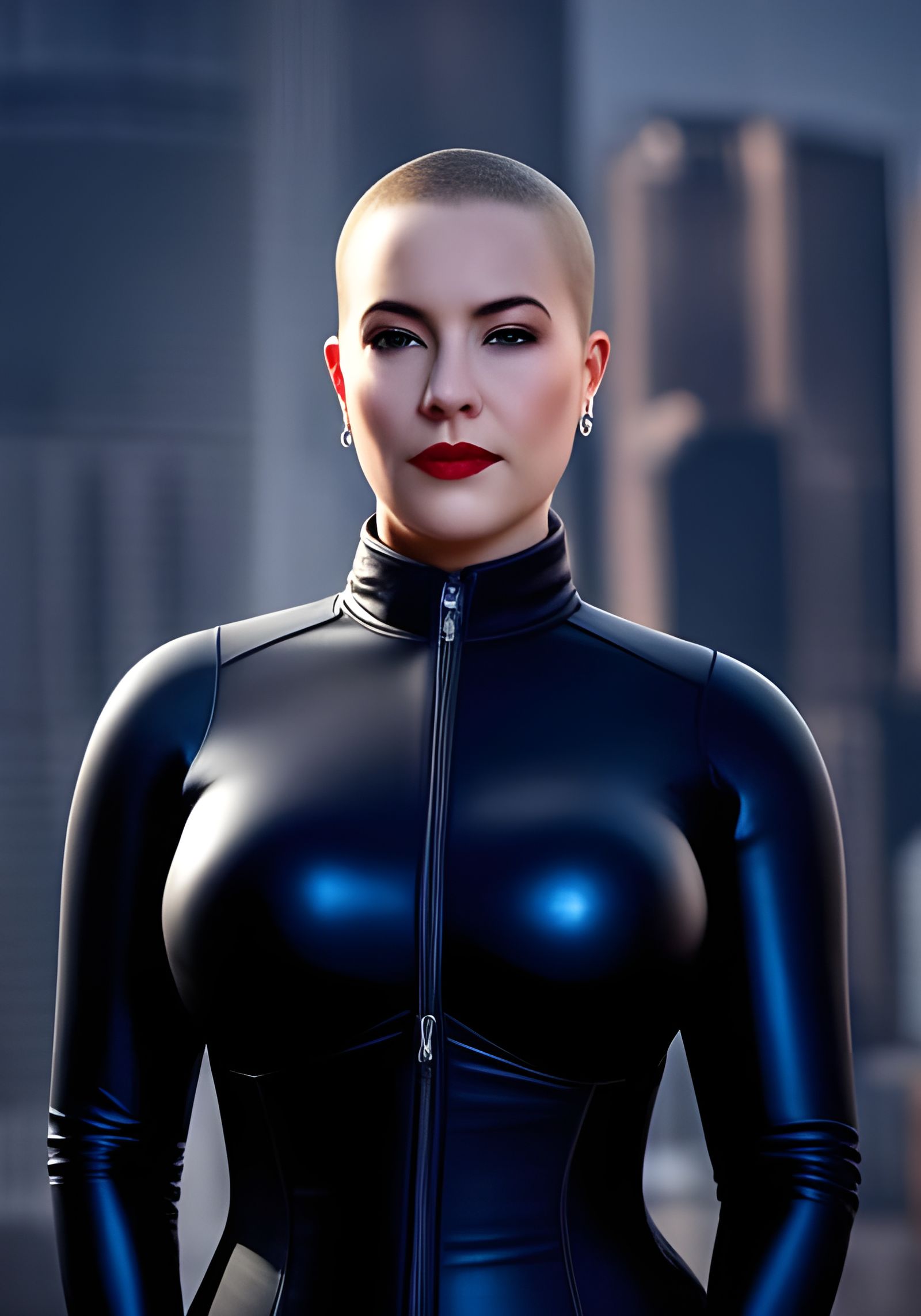 Hyperrealistic Portrait of Woman with Buzzcut in City