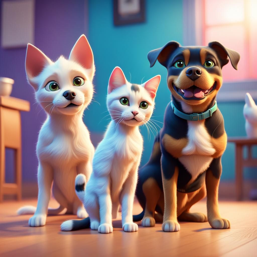 Dogs, Cat, and Kitten: Pixar-Style 3D Art