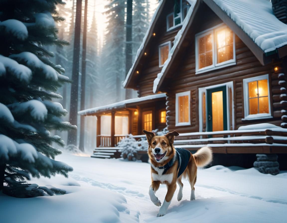 Happy Dog Runs to Cozy Cabin in Winter Wonderland