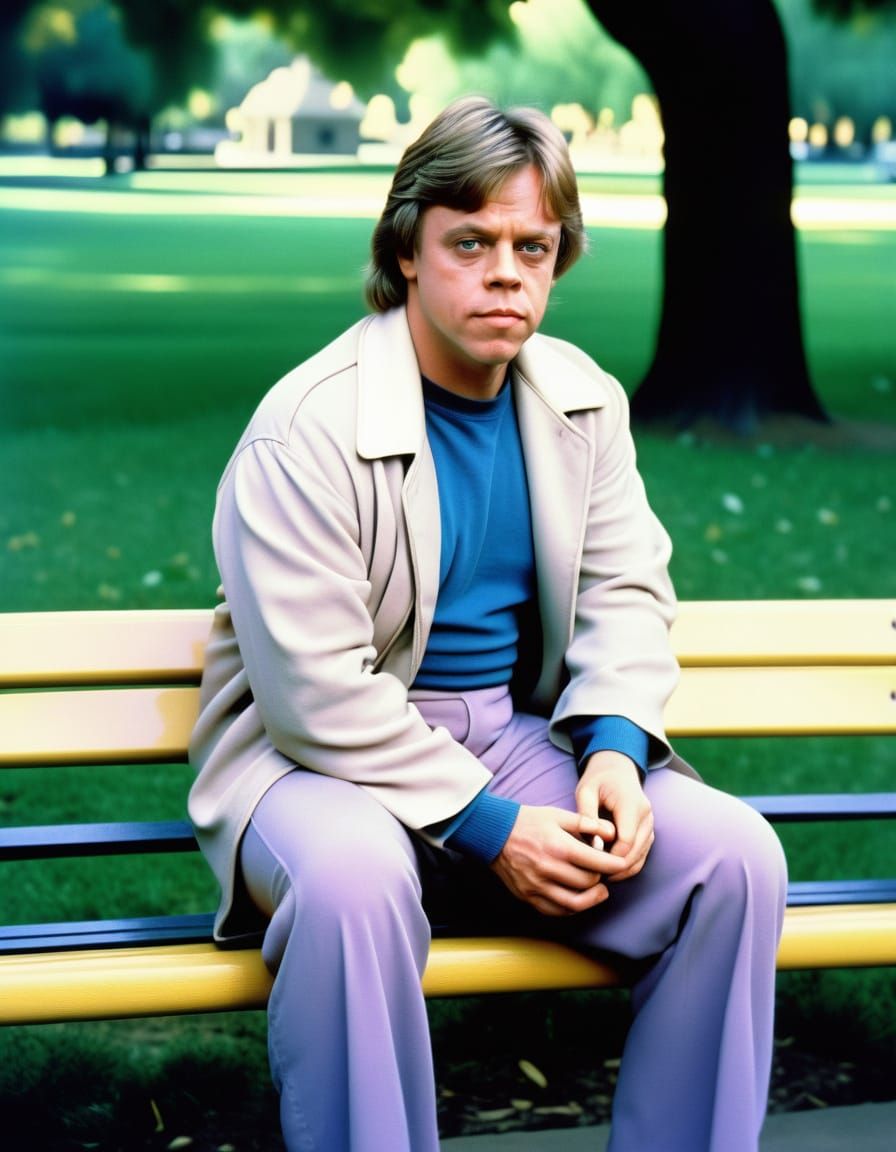 Mark Hamill on a Park Bench in Retro 80s Style