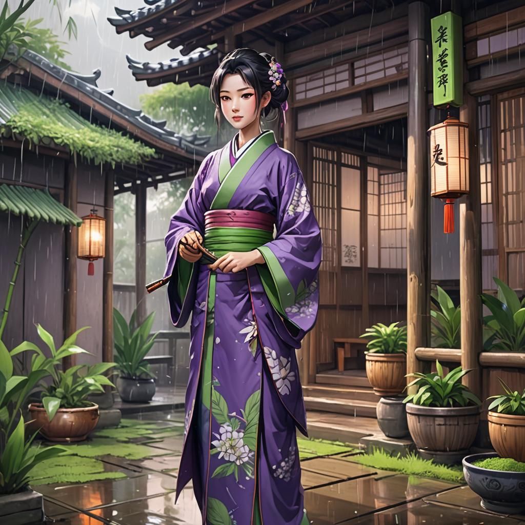Chinese Lady in Kimono with Matcha Tea, Anime Style