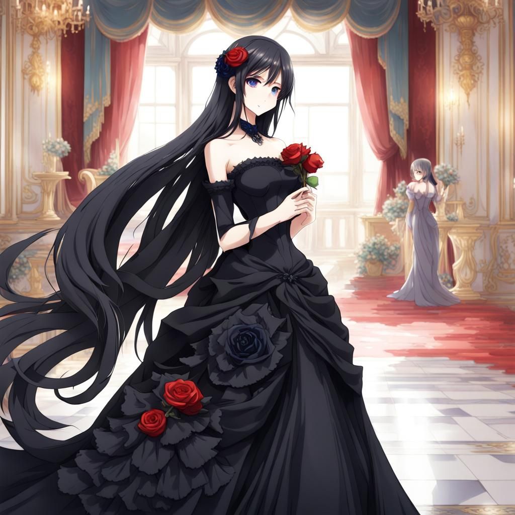 Girl in Black Gown at Royal Ball, Anime Style