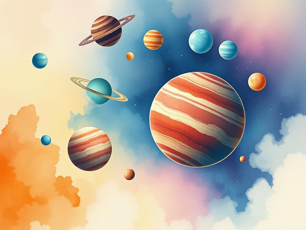 Dreamy Watercolor Planets in Synthwave Style