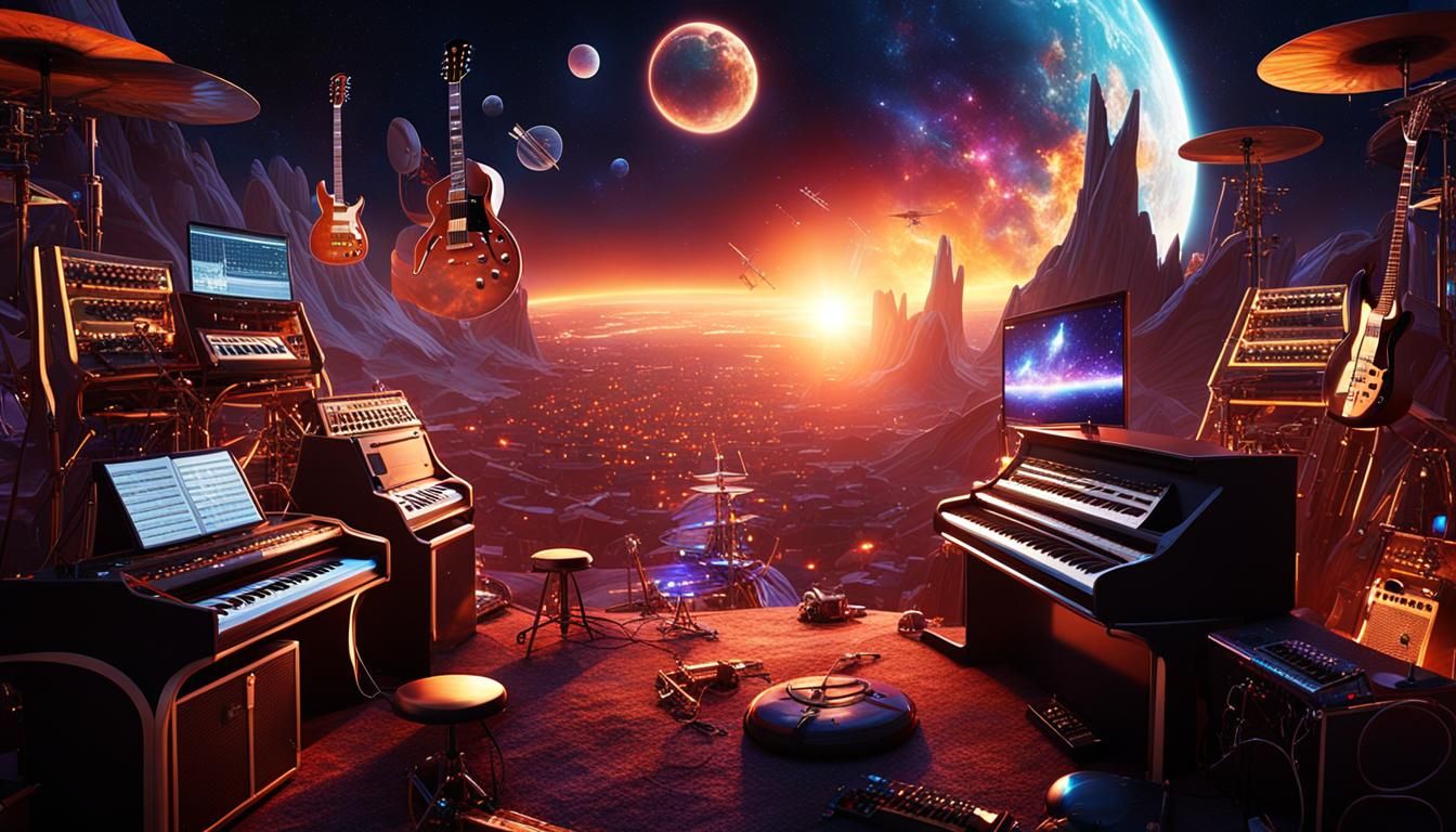Futuristic Space Scene with Musical Instruments