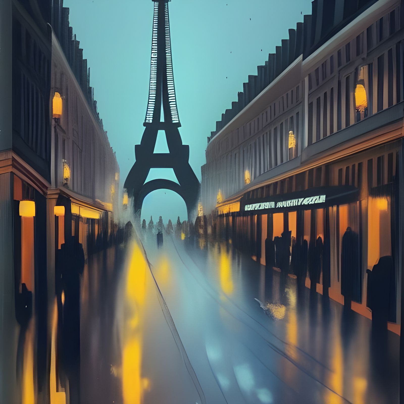 Paris Street Scene at Night in Matte Painting Style