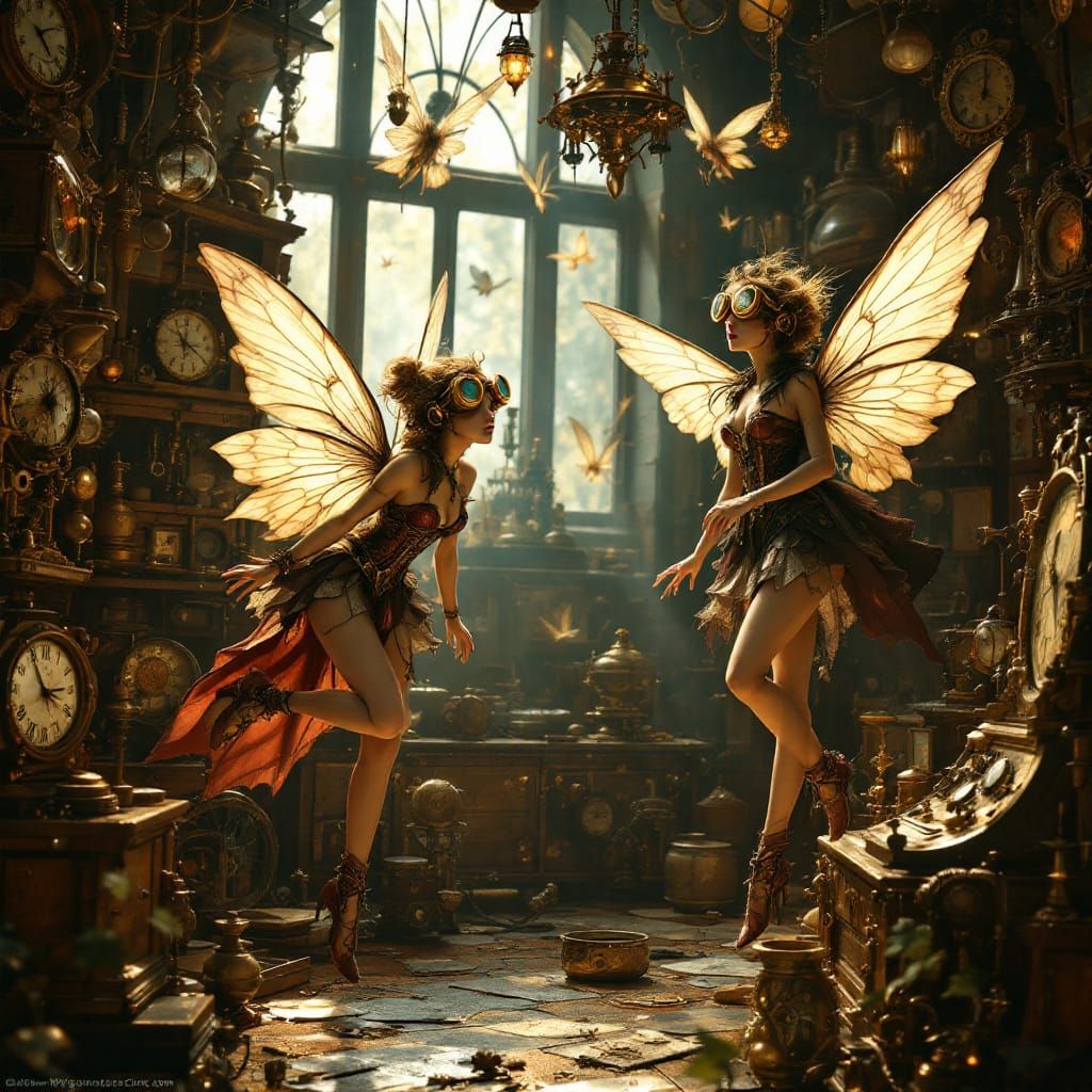 Pixie Fairies Flying in Steampunk Room