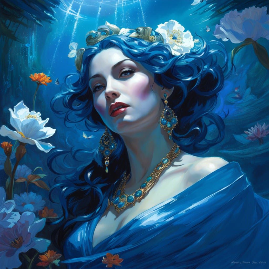 Blue Woman Underwater Portrait in Hyperrealistic Style