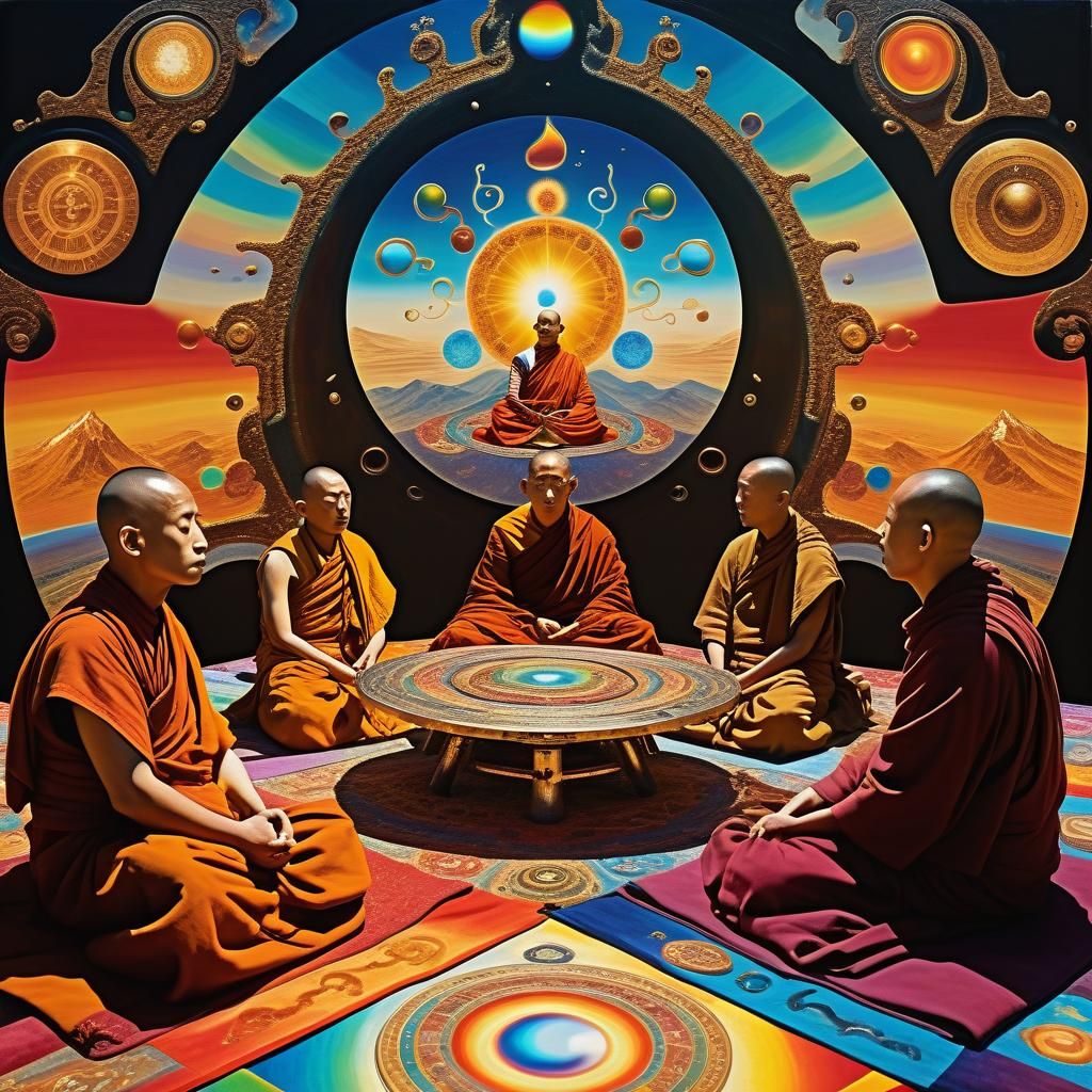 Meditating Monks in Surrealist Dreamscape, Magical Realism