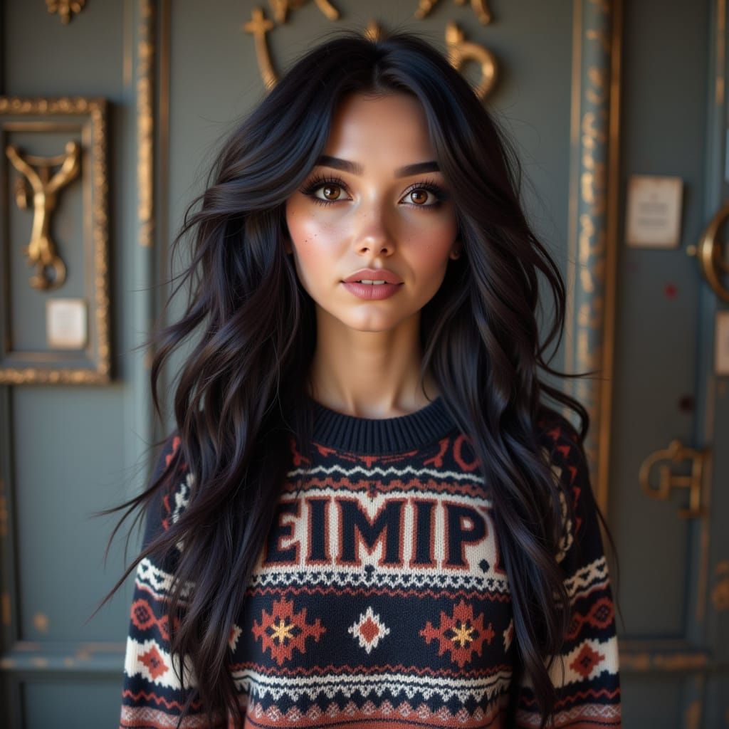 Emo Woman in Sweater with Metallic Accents