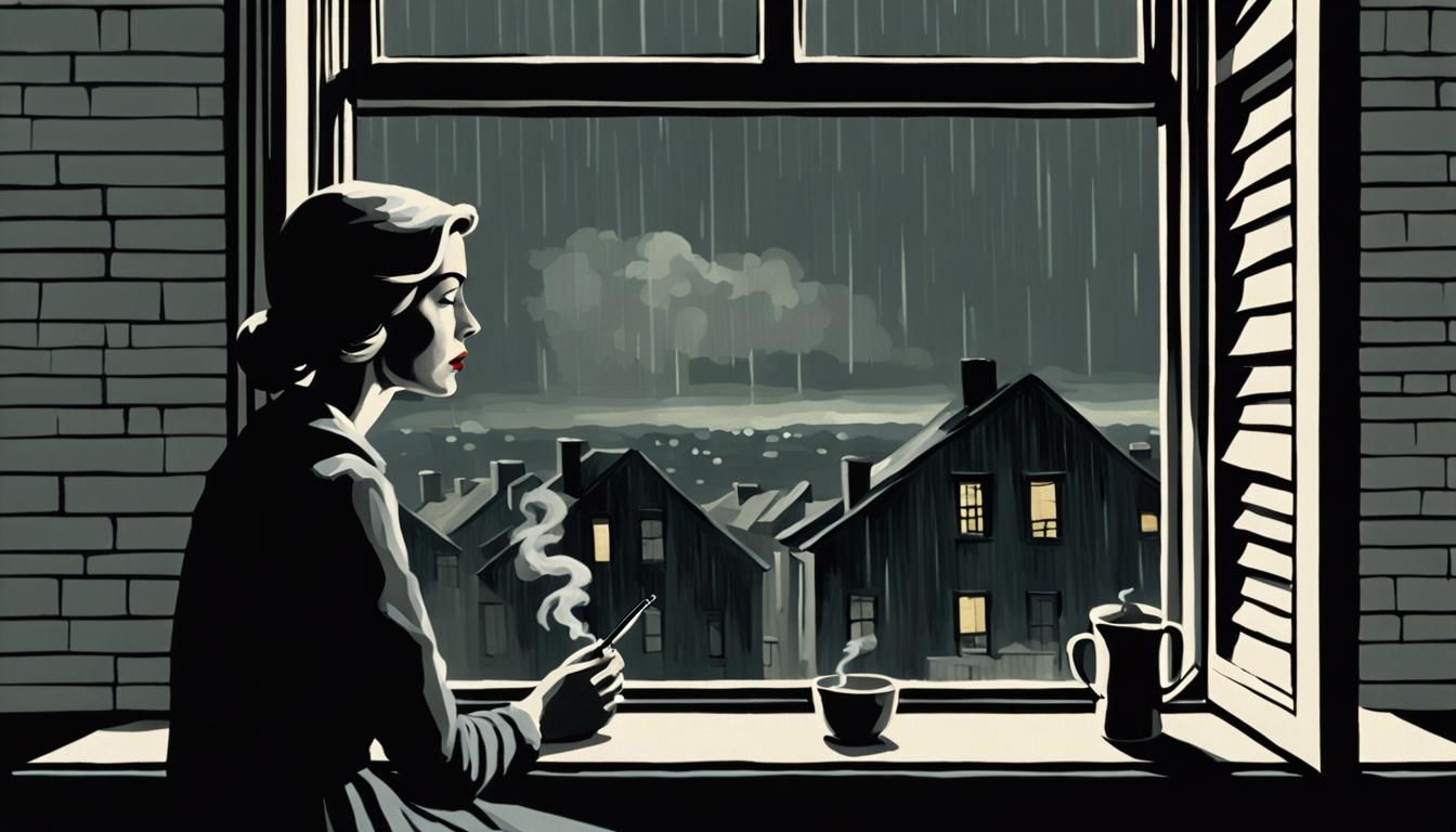 Melancholy Woman in Rainy Village, Edward Hopper Style