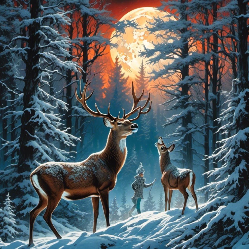 Winter Forest Embrace Under Moonlight in Detailed Matte Pain...