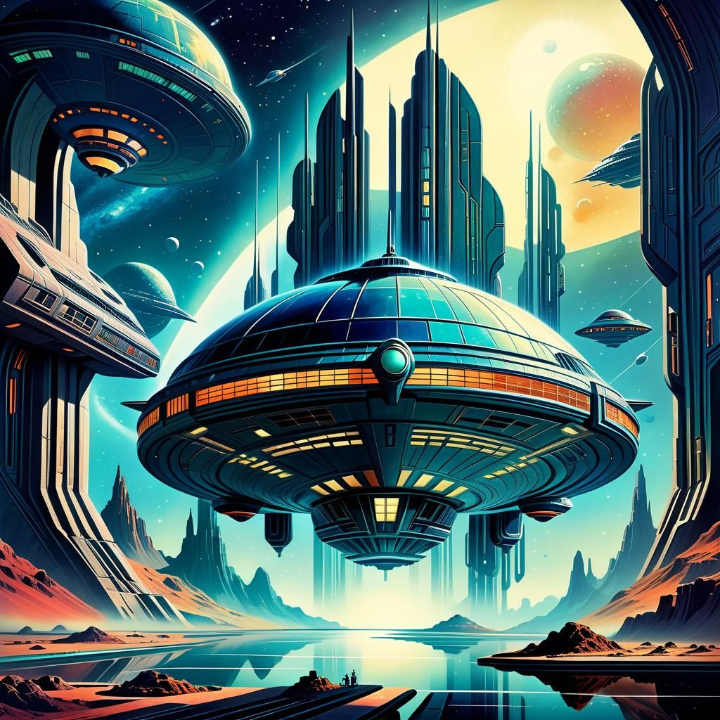 Galactic Spaceship Odyssey: Retro-Futuristic Art Deco Painti...