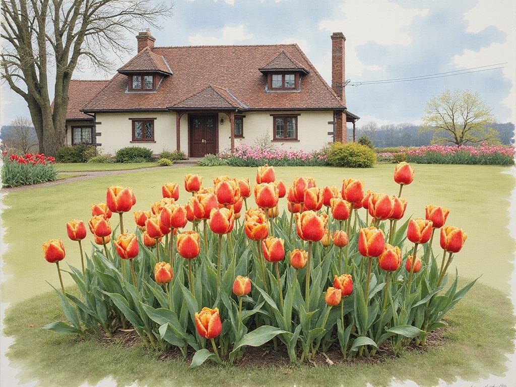 Tulips in a Whimsical Spring Garden, Stylized Watercolor