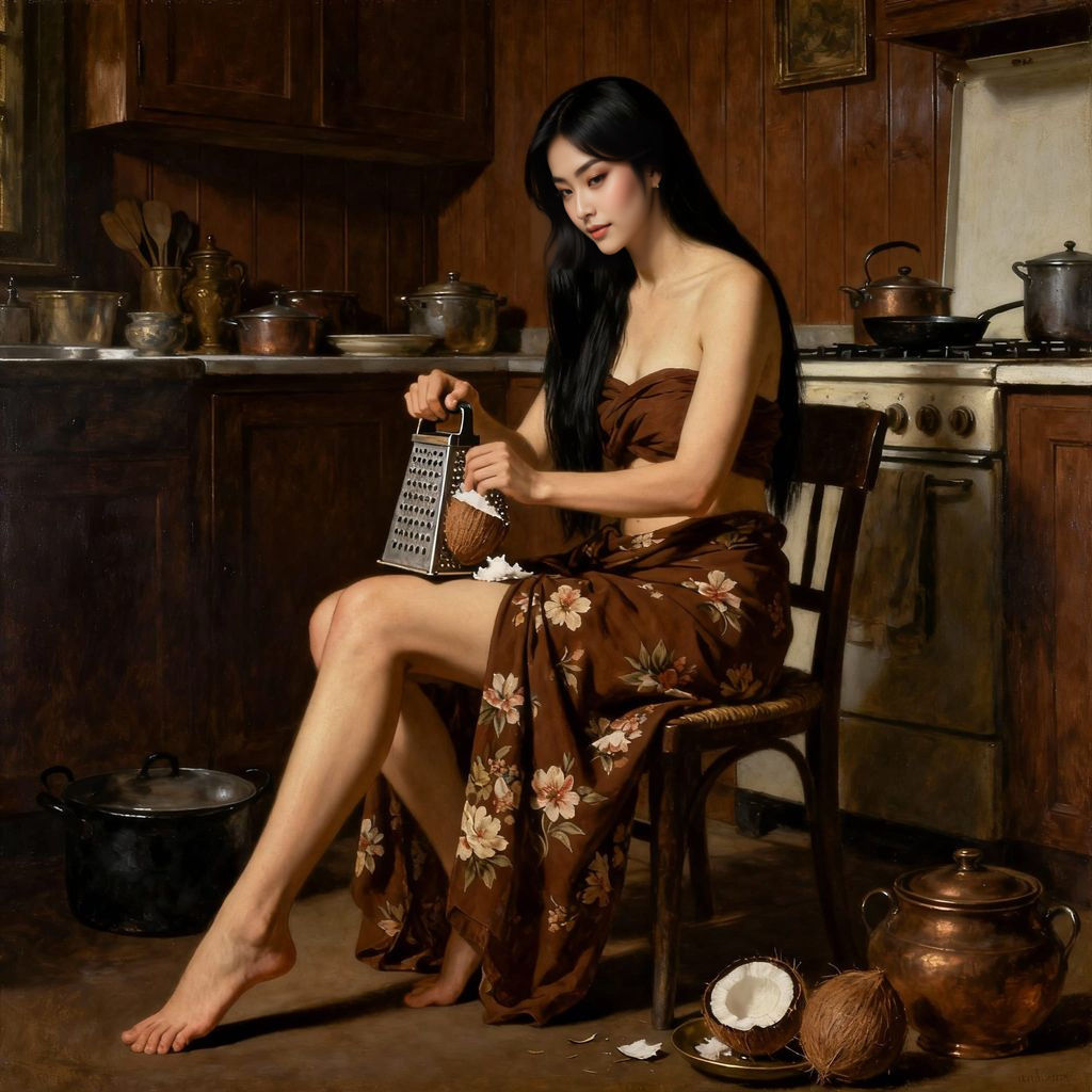 Woman Grating Coconut in Vintage Kitchen - Hyperrealistic Oi...