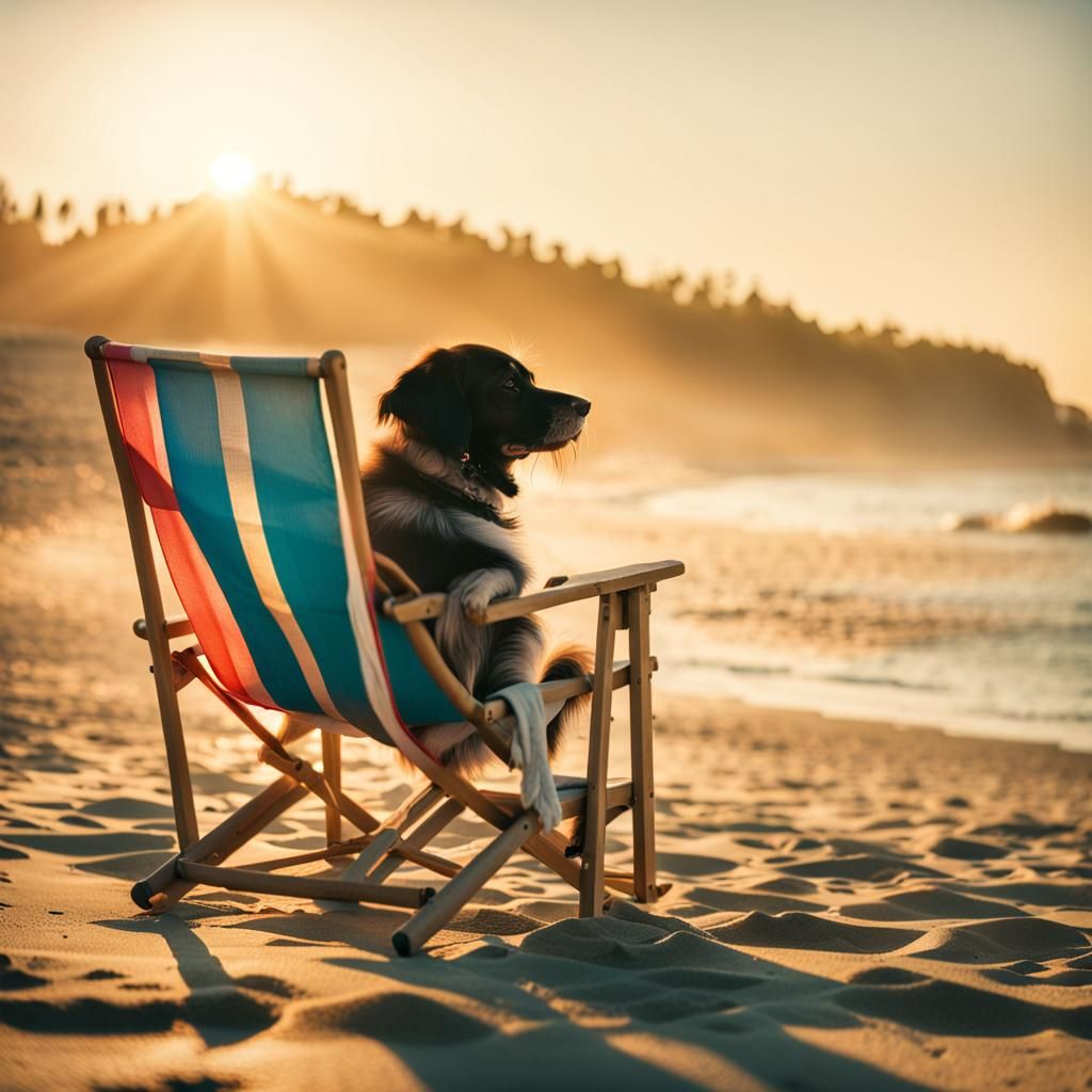 Dog Relaxing on Beach in Cinematic Sunset