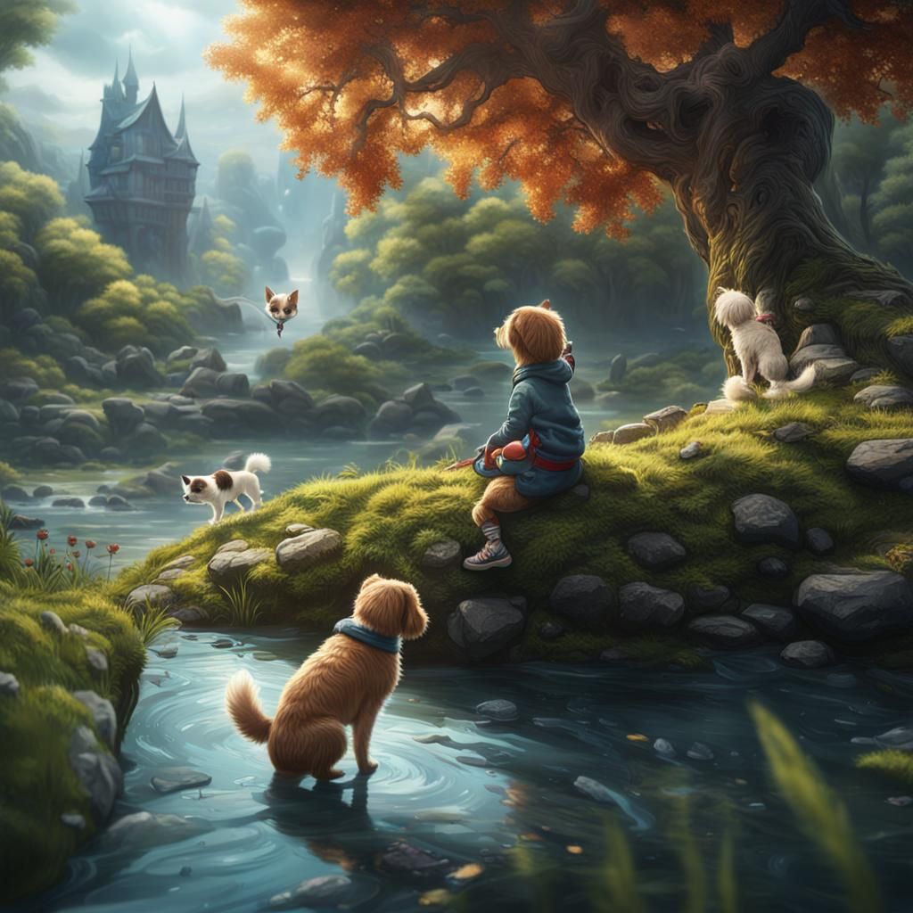 Dog and Kitten Play by River With Tree Girl