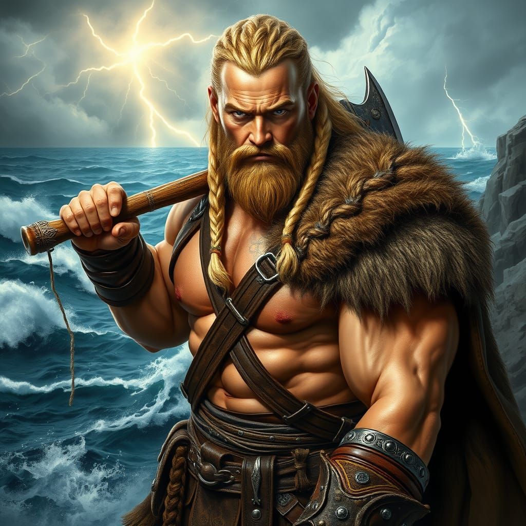 Viking Warrior Defies Stormy Sea in Photorealistic Epic