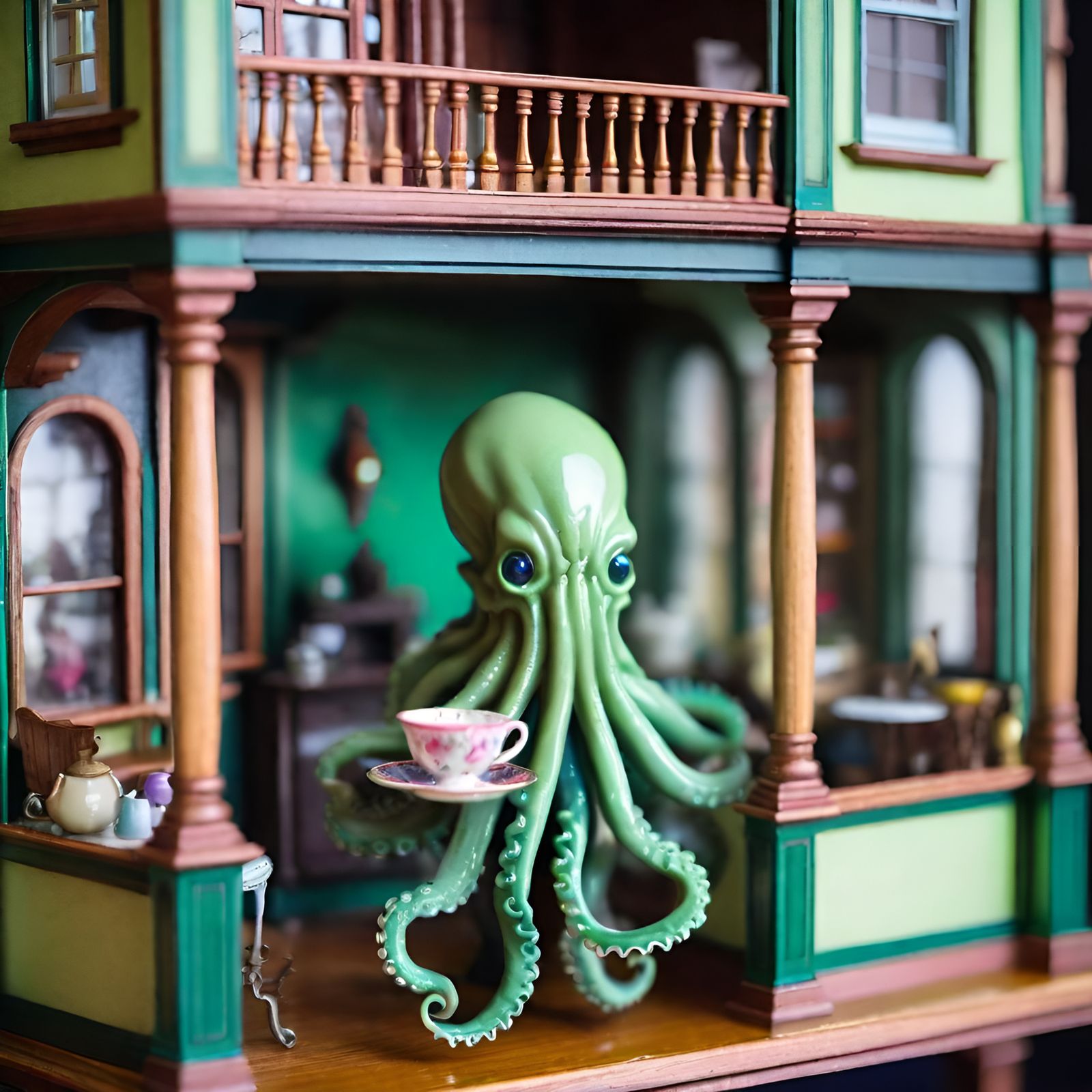 Colorful Victorian Dollhouse with Miniature Cthulhu