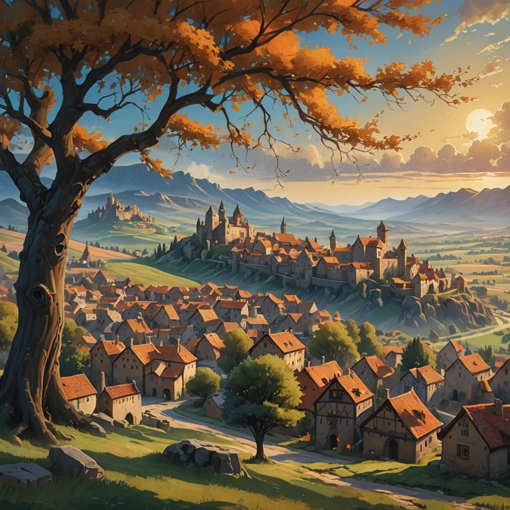 European Village with Castle: Matte Painting
