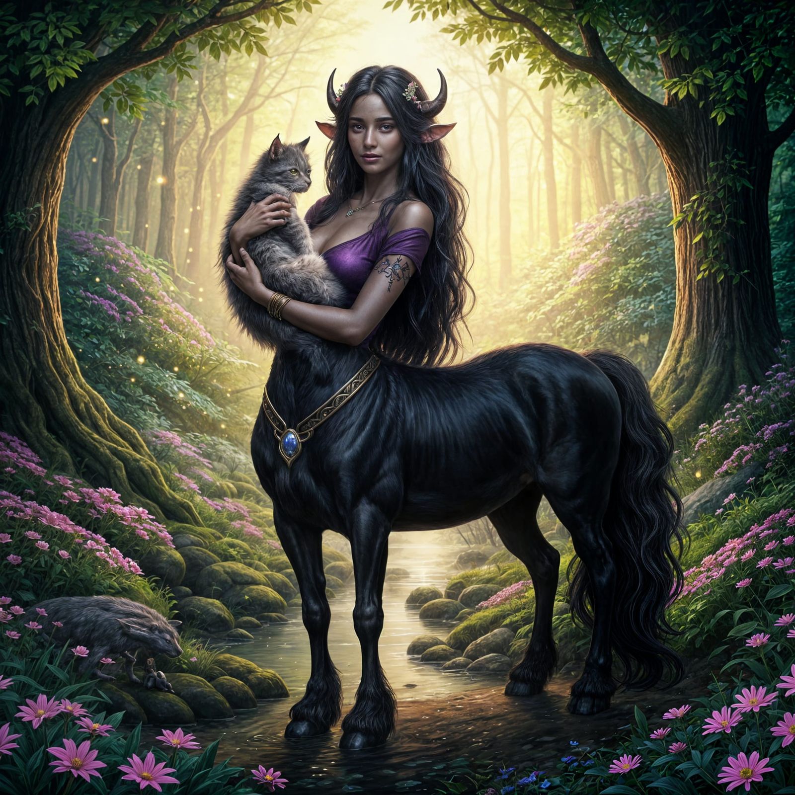 Fantasy Black Centaur with Kitten in Magical Forest