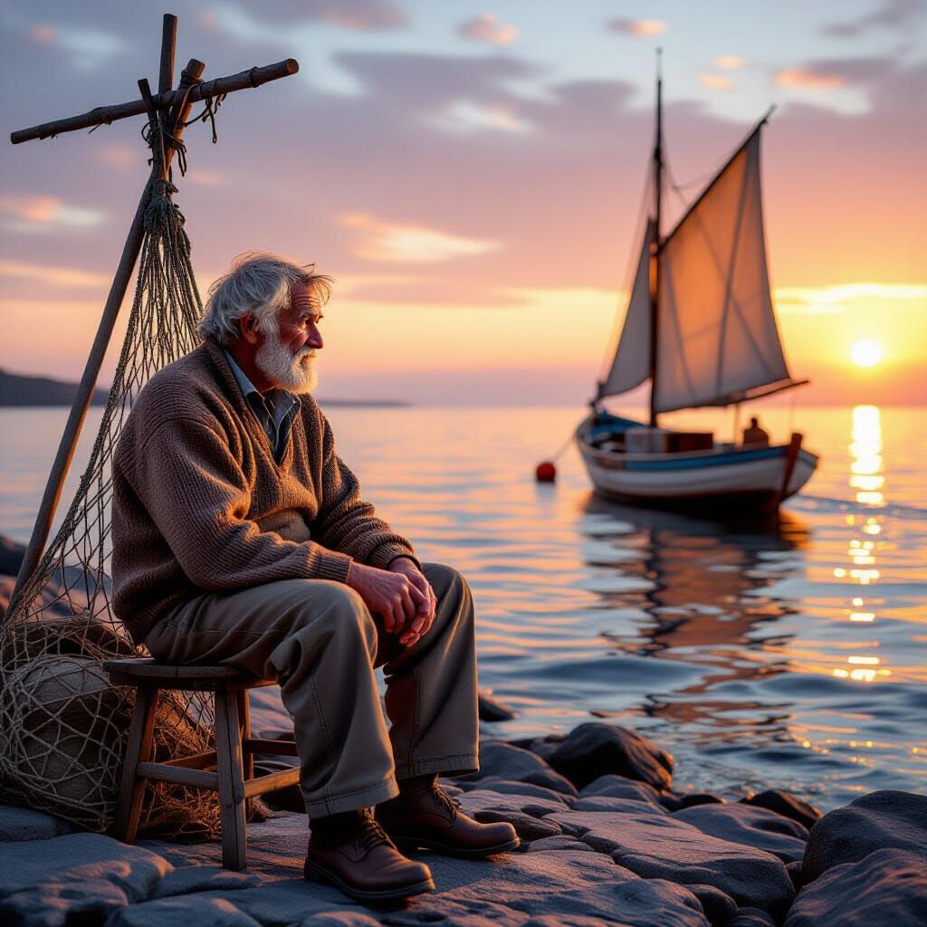 Elderly Fisherman at Golden Hour Seaside Scene