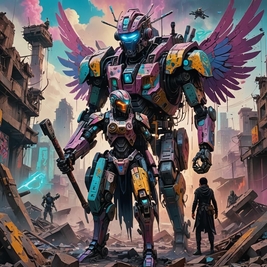Cyberpunk Graffiti Art: Robotic Figure Confronts War Goddess