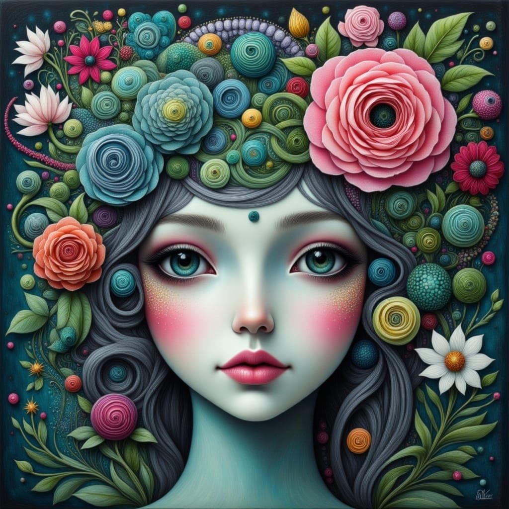 Serene Face Merges with Flowers and Coral in Magical Realism