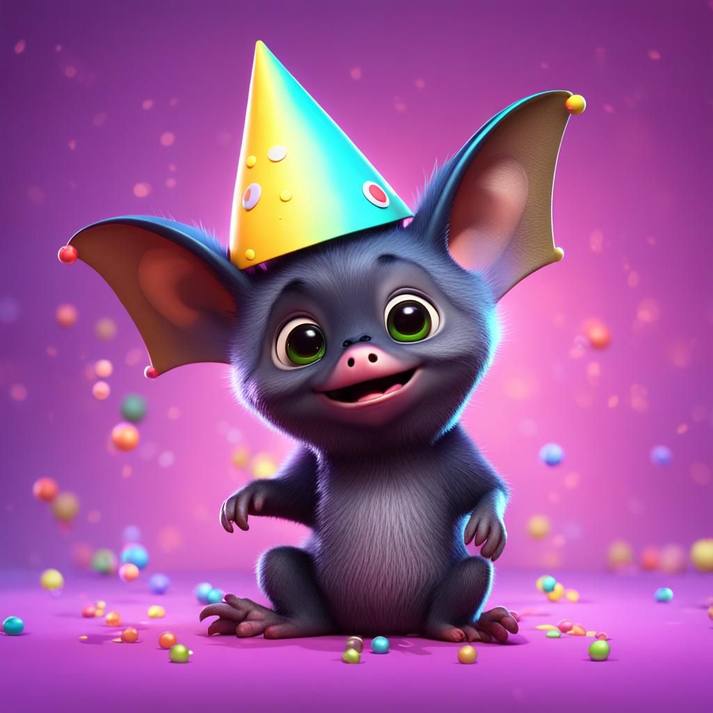 Cute Fruit Bat in Party Hat: Pixar Style