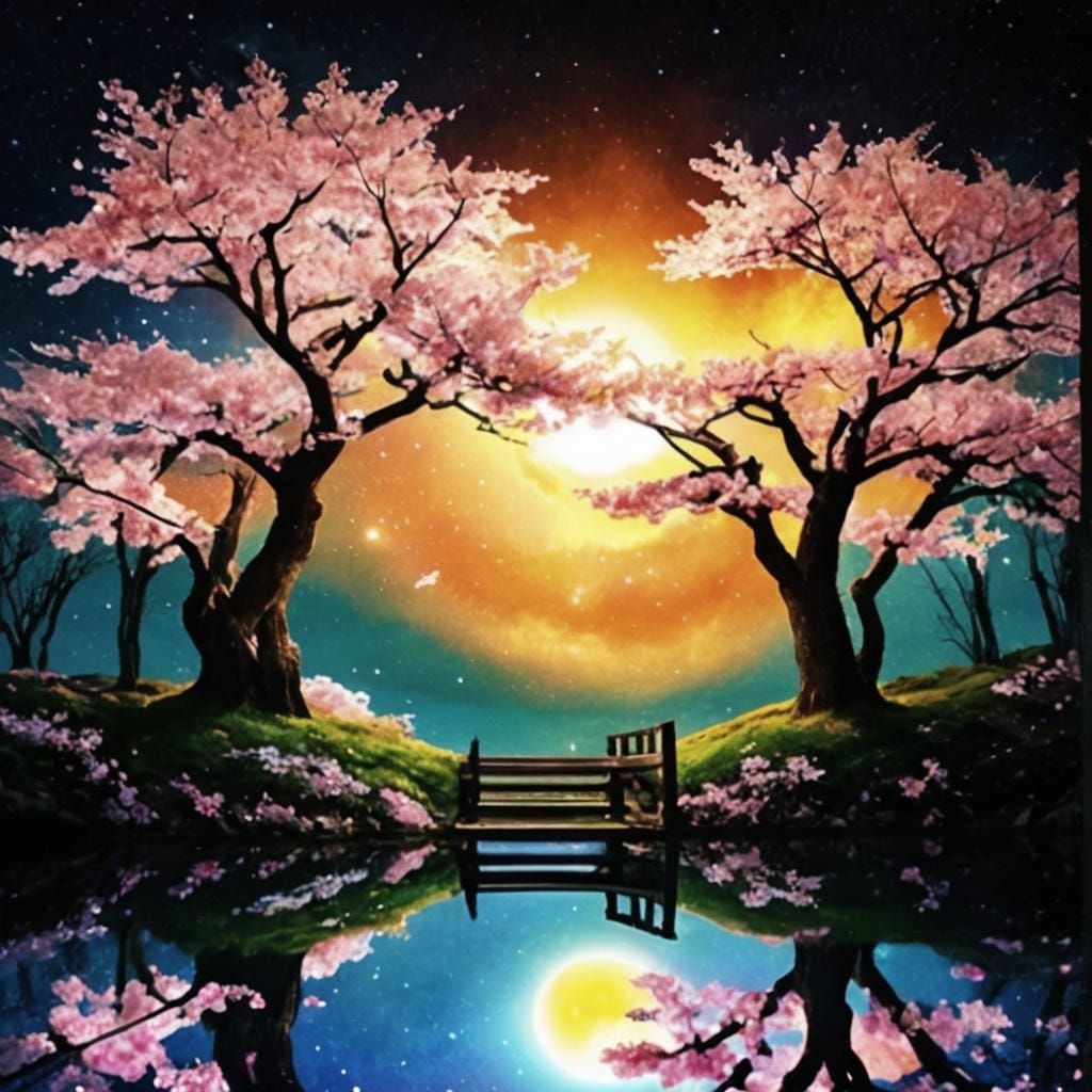 Cherry Blossoms in Bloom Under Starry Night