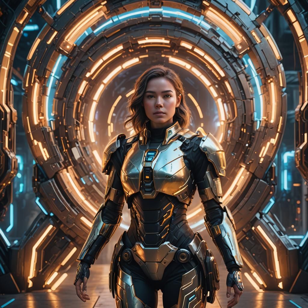 Futuristic Woman Portrait with Glowing Portal