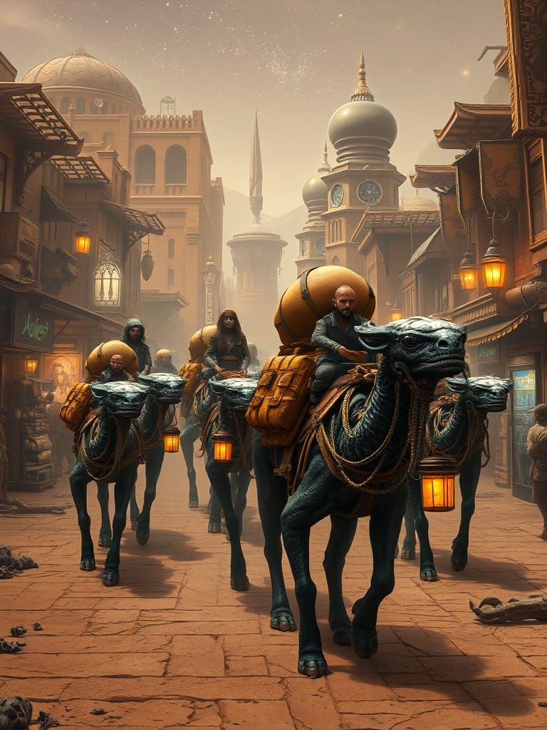 Cosmic Caravan Enters the Bustling Desert Trade City