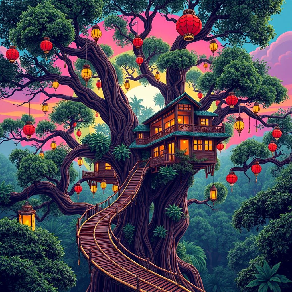 Bold Pop Art Treehouse with Gradient Sky and Neon Accents