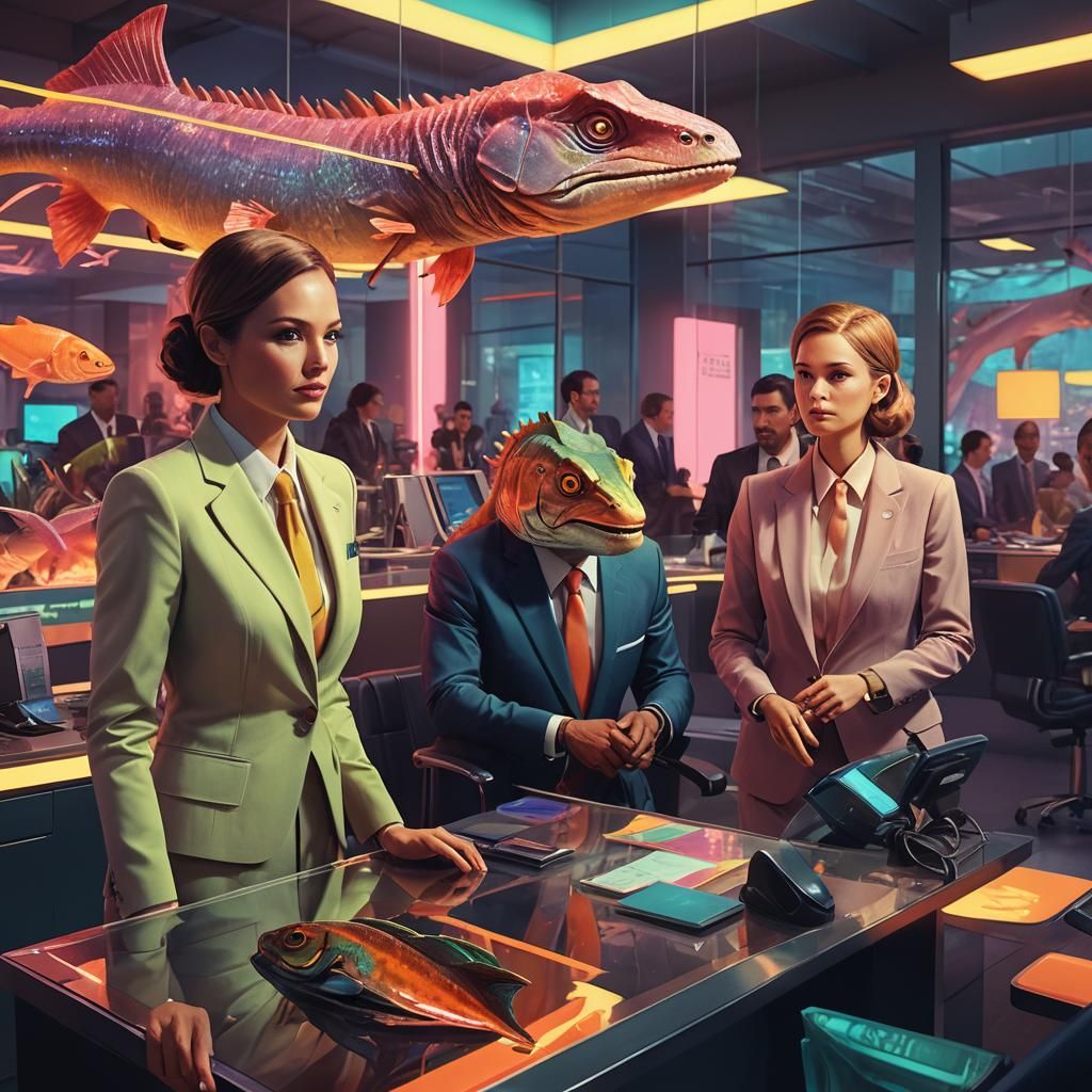 Jurassic Fish Customer Service in Neon Surrealism