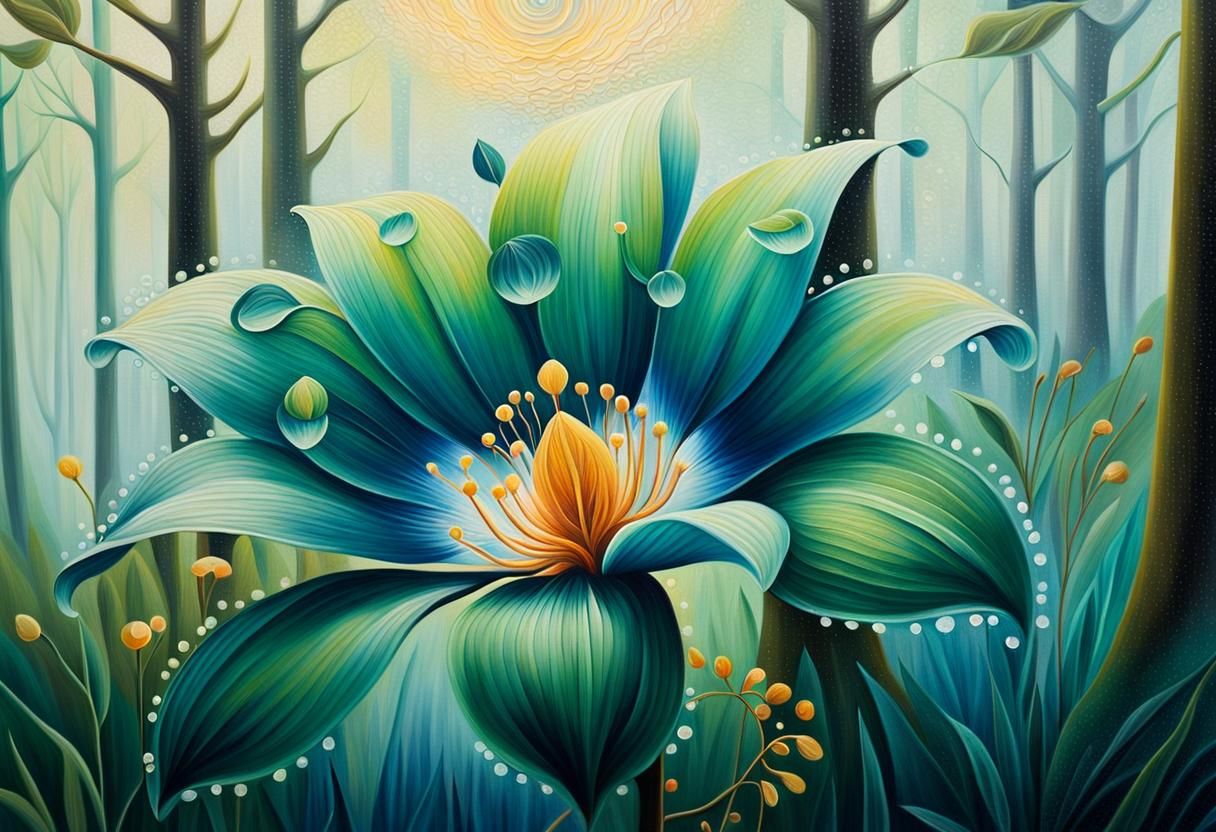 Mystical Flower in Misty Forest: Naive Art Oil Painting