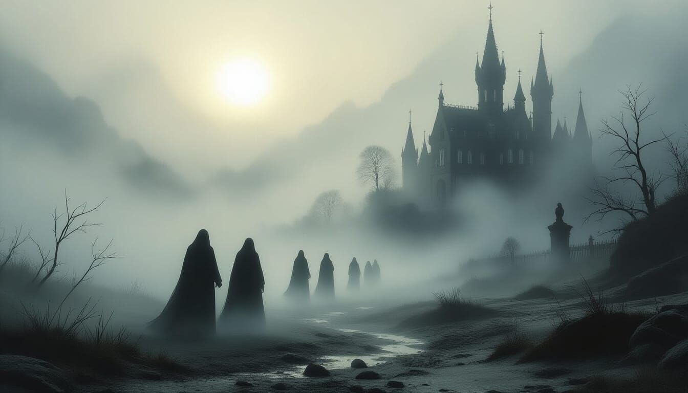 Ethereal Figures Wander Mystical Realm in Mist