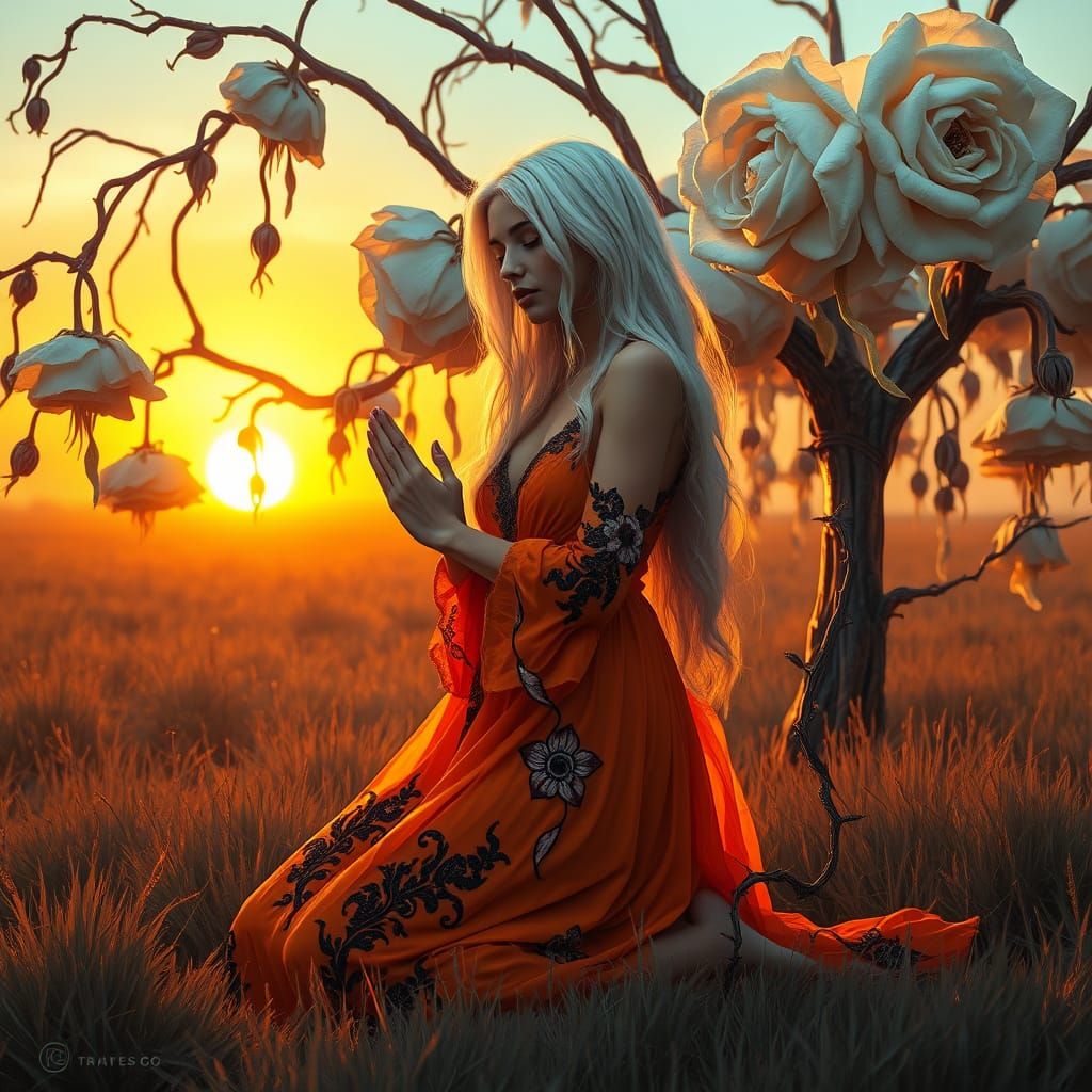 Ethereal Woman Prays Amidst a Withered Rose Tree in a Vibran...