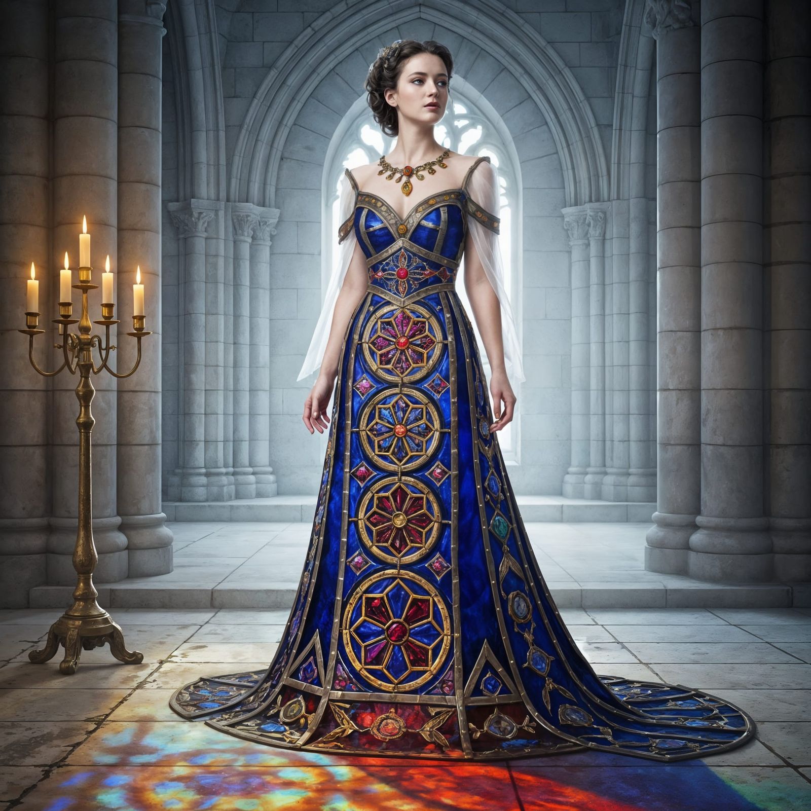Elegant Woman in Stained Glass Gothic Dress