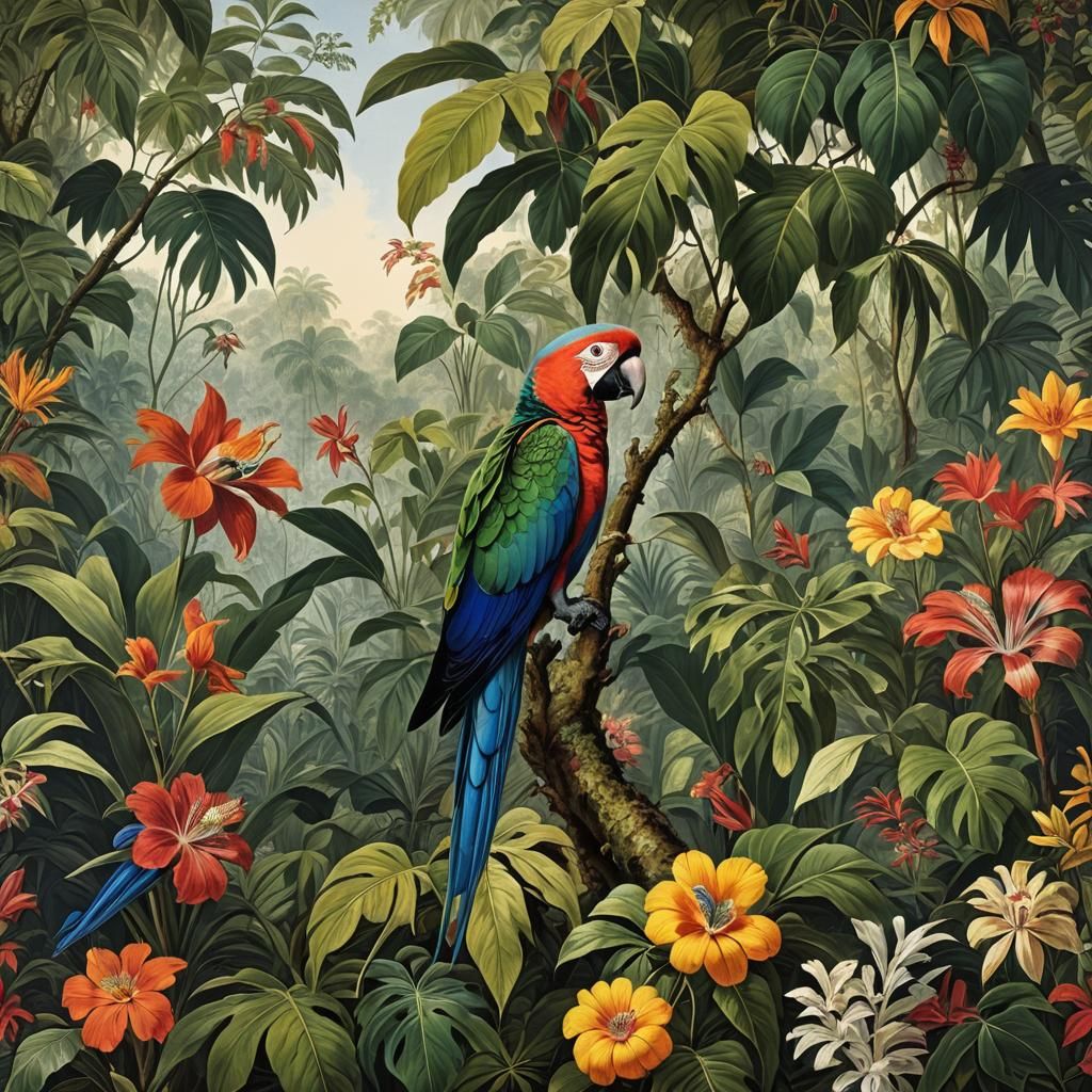 Exotic Parrot in Jungle, Photorealistic Art