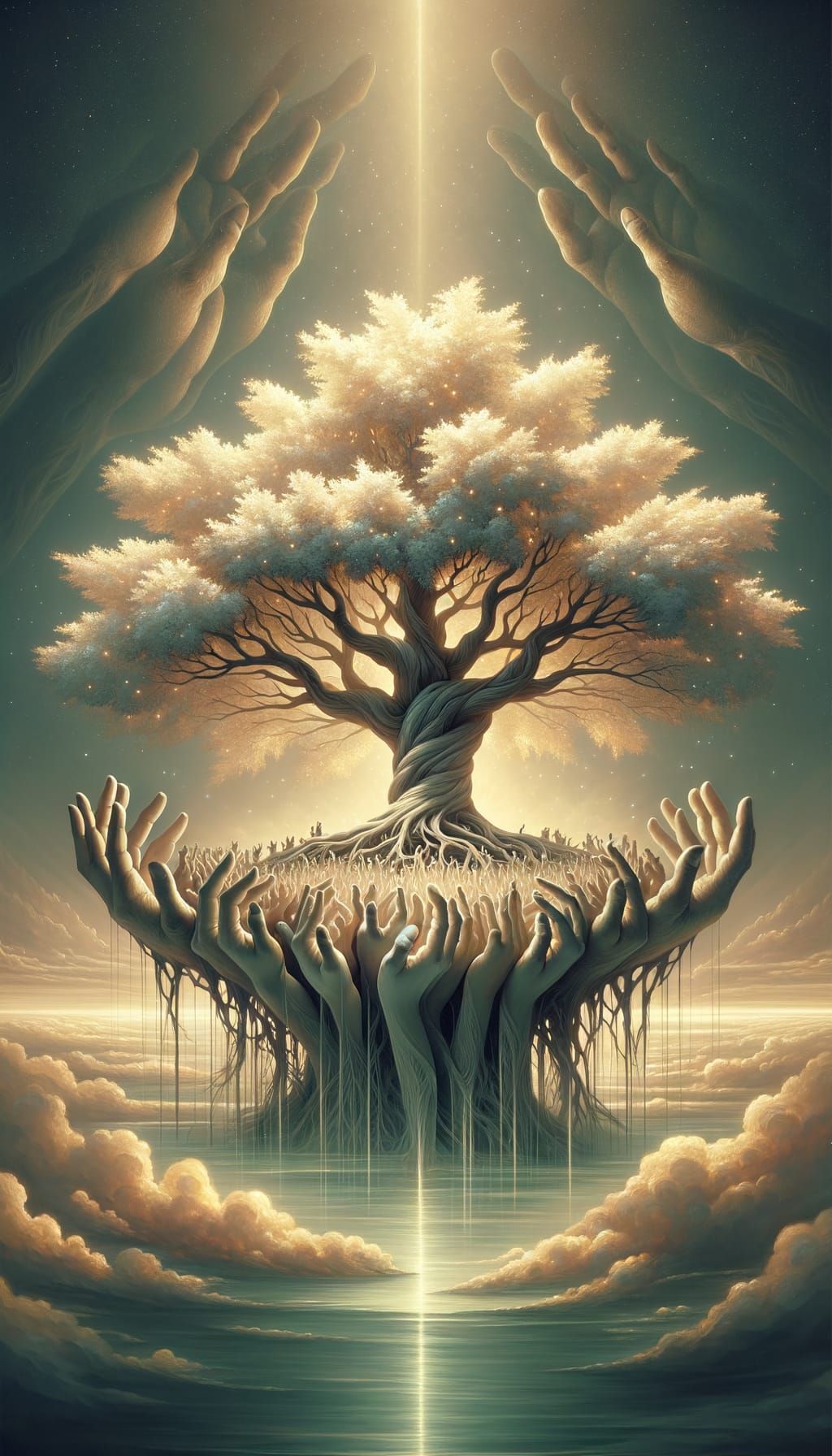 Floating Island Tree Supported by Hands in Dreamy Realm