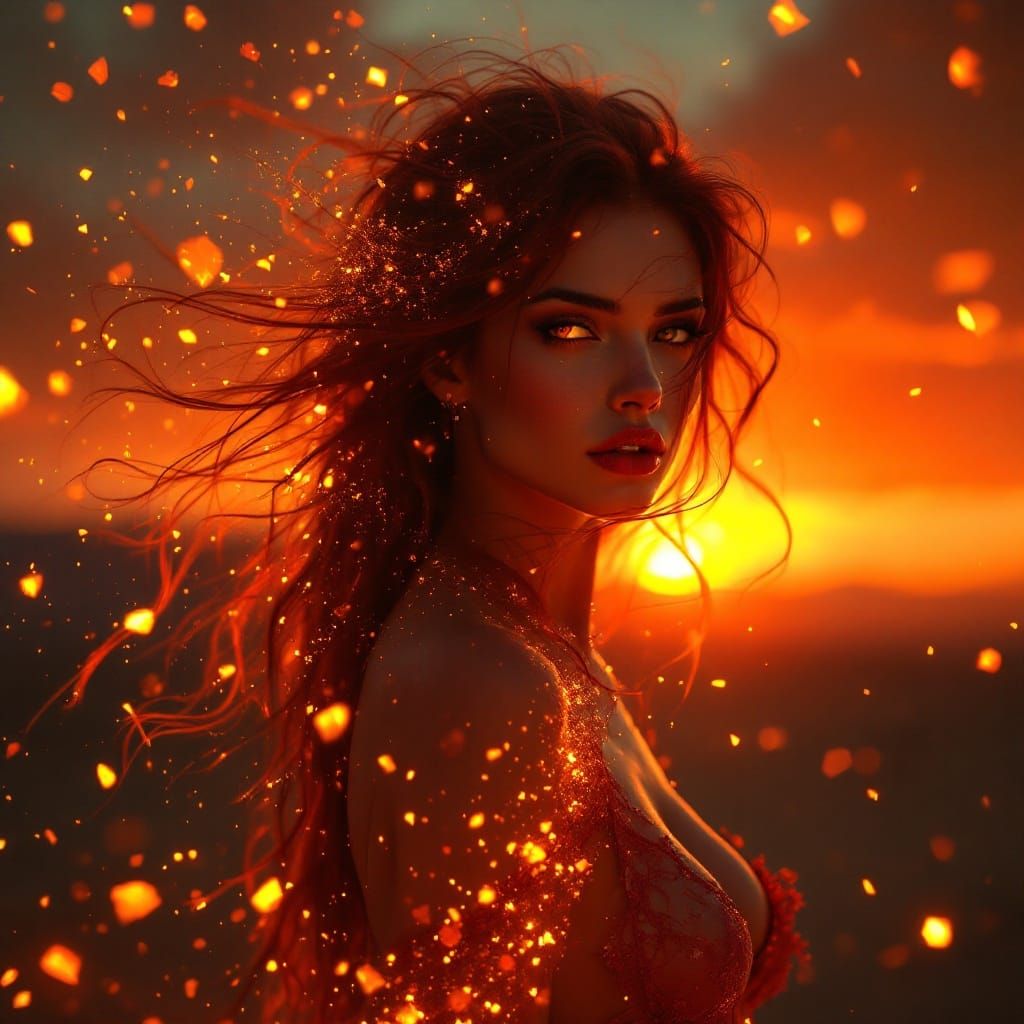 Crimson Haired Woman in Fiery Desert Sunset