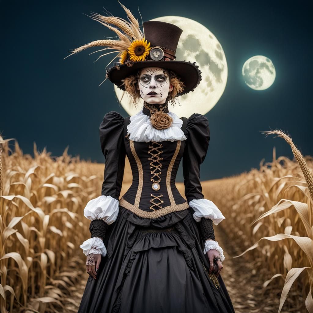 Steampunk Scarecrow in Cornfield: Victorian Retropunk Style
