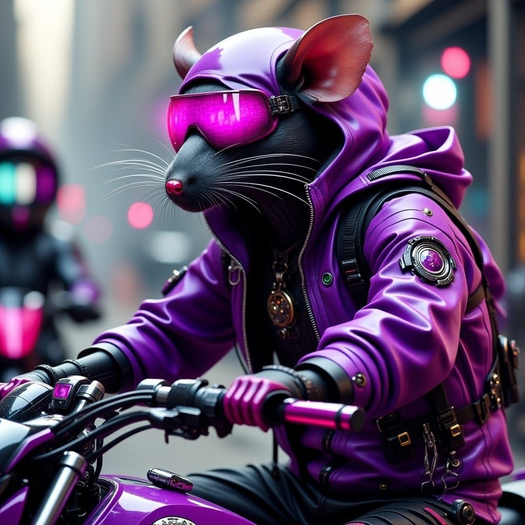 Cyberpunk Rat Rides Motorcycle in Purple Jacket