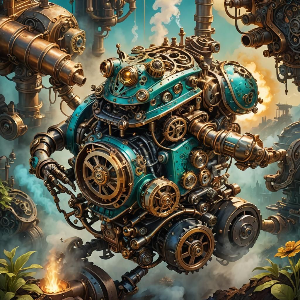 Steampunk Robot Frog in Fantasy Landscape