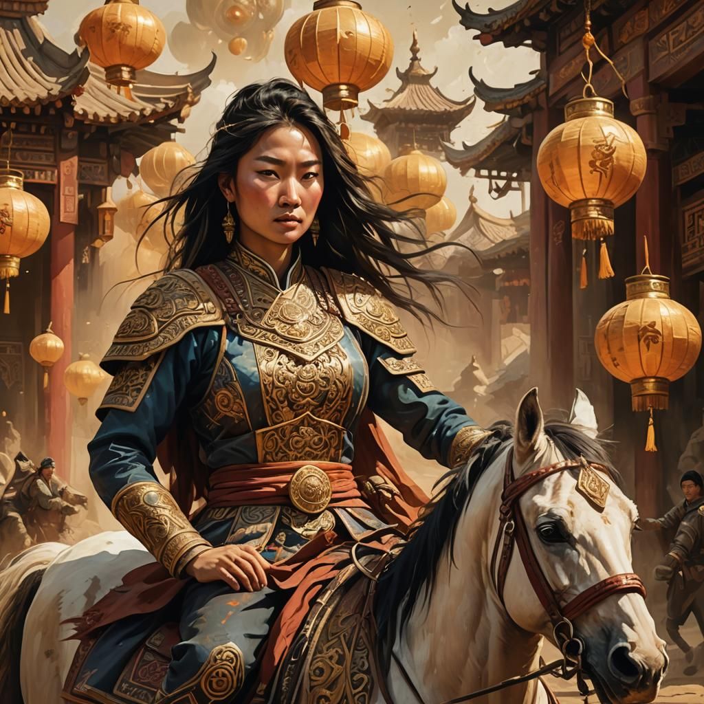 Mongolian Hero Woman on Horse in Golden Light